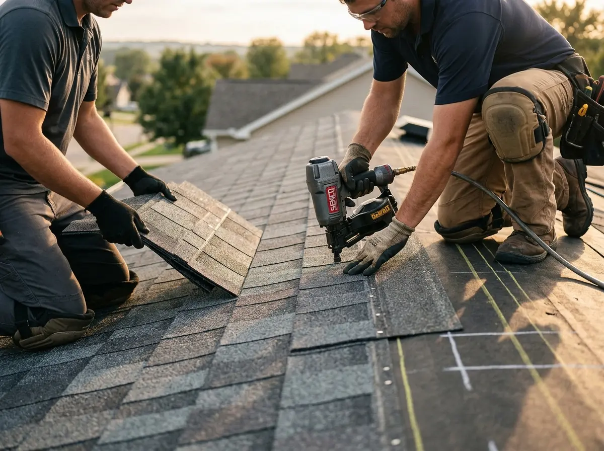 Professional roofer working on a residential roof in Farmington